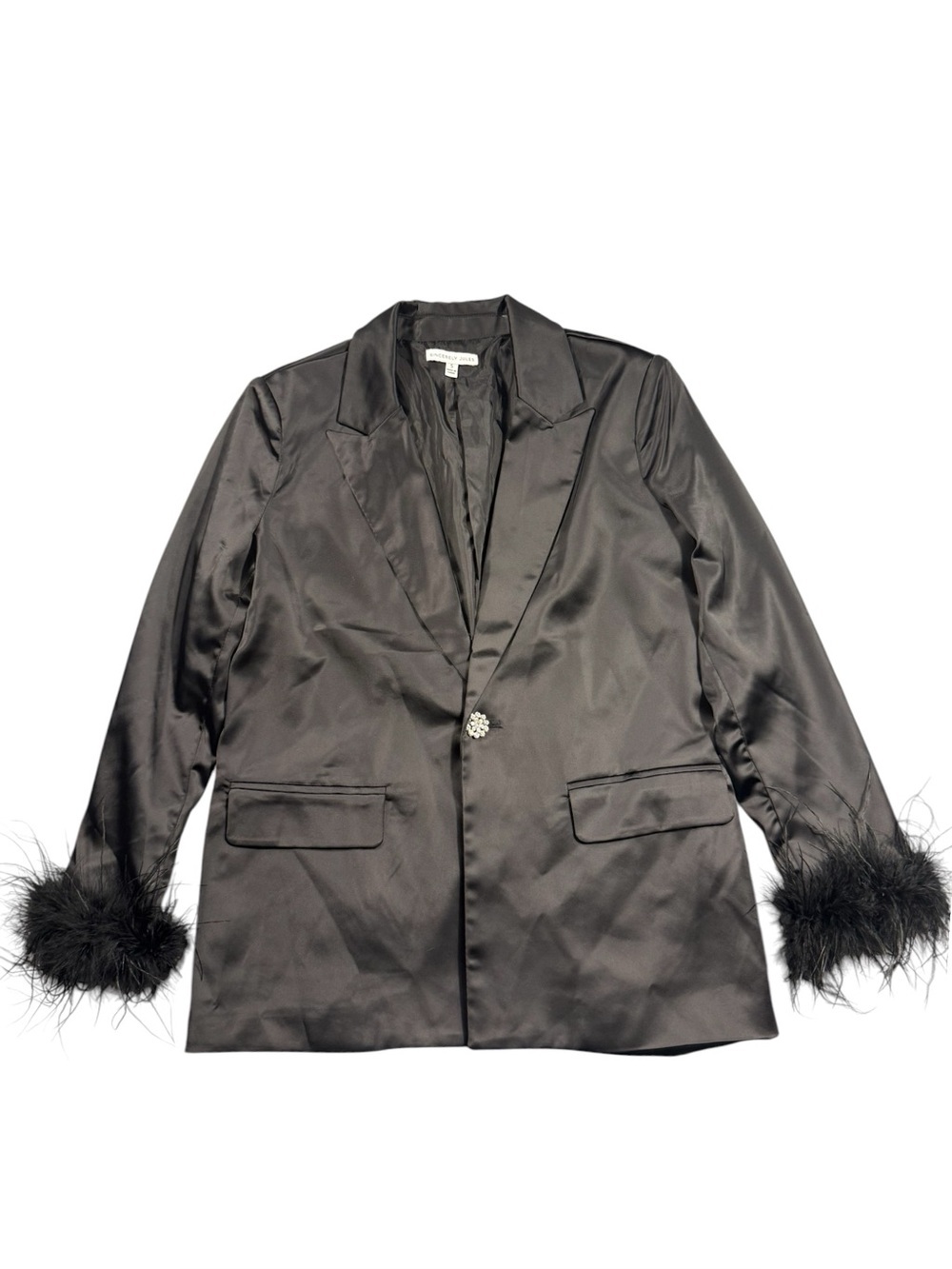 Sincerly Jules Small Black Satin Blazer Feather Cuffs Holiday New Years Party
